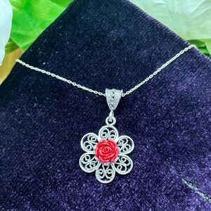 925 Sterling Silver Turkish Filigree Flower Necklace for Women, NEW,HandmadeGift